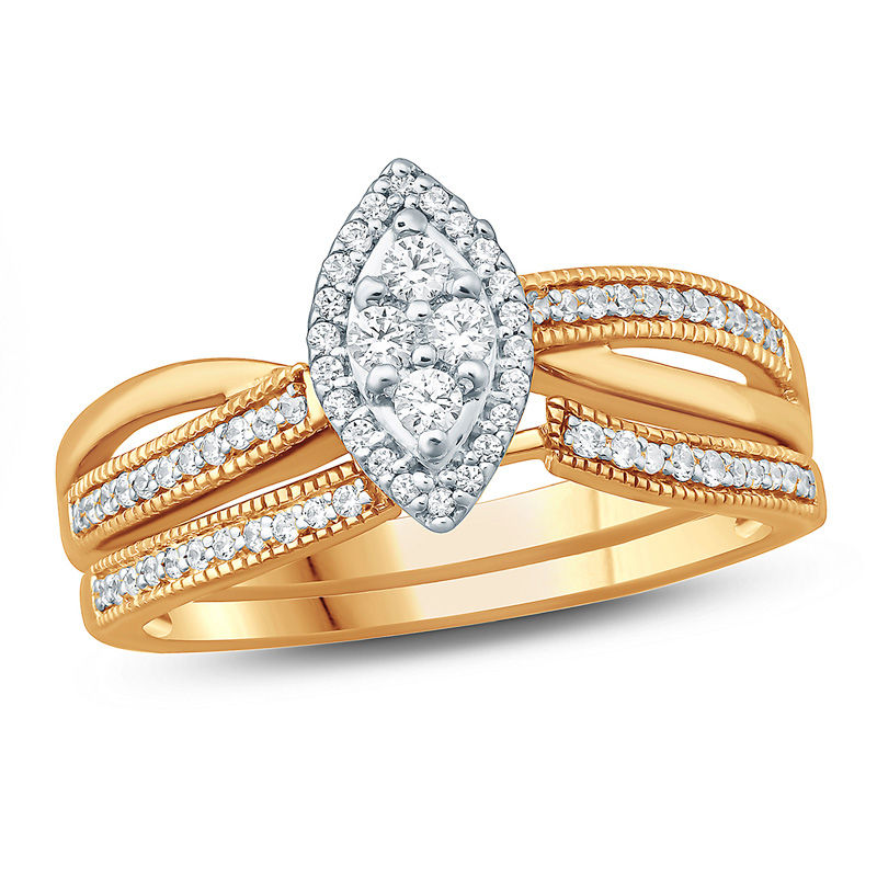Main Image 1 of 1/3 CT. T.W. Composite Diamond Marquise Frame Vintage Style Split Shank Bridal Set in 10K Gold