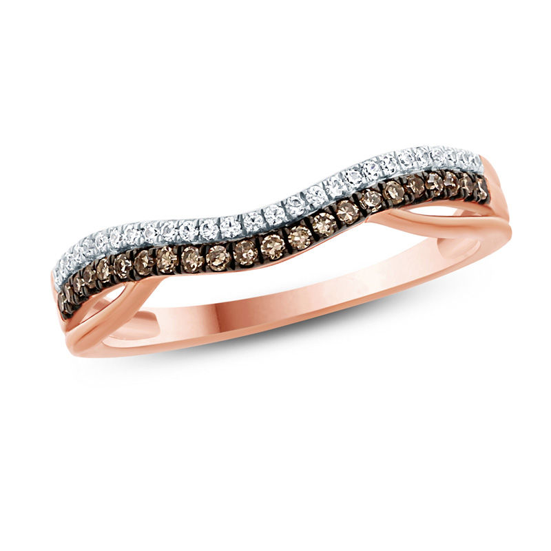 Main Image 1 of 1/4 CT. T.W. Champagne and White Diamond Split Contour Band in 10K Rose Gold with Black Rhodium