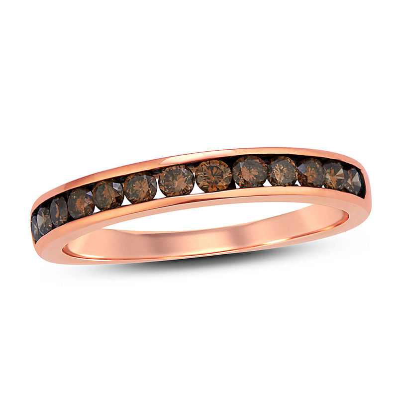 Main Image 1 of 1/4 CT. T.W. Champagne Diamond Channel-Set Anniversary Band in 10K Rose Gold with Black Rhodium