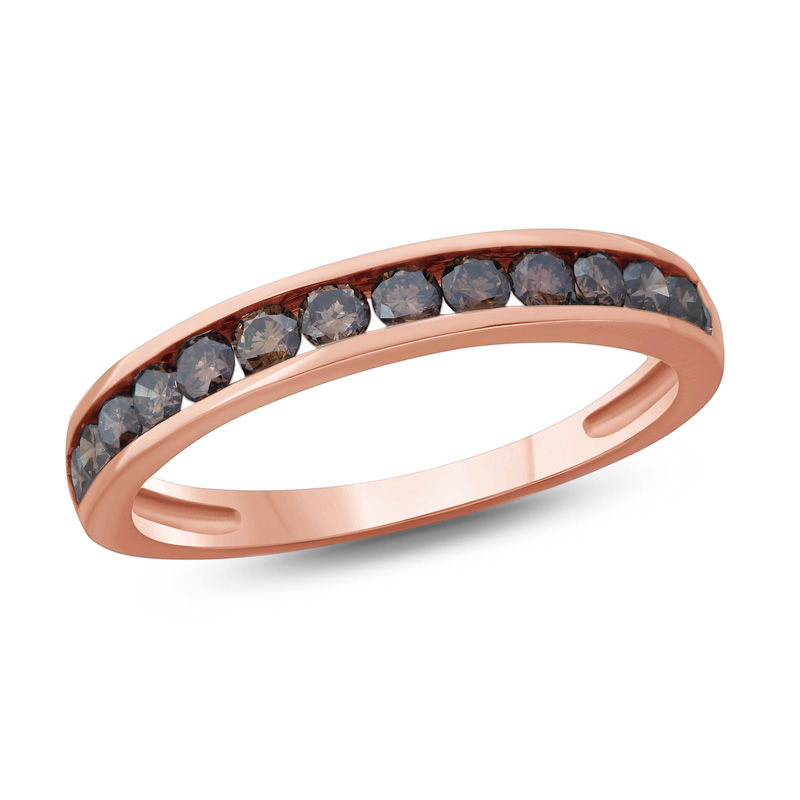 Main Image 1 of 1/2 CT. T.W. Champagne Diamond Channel-Set Anniversary Band in 10K Rose Gold with Black Rhodium