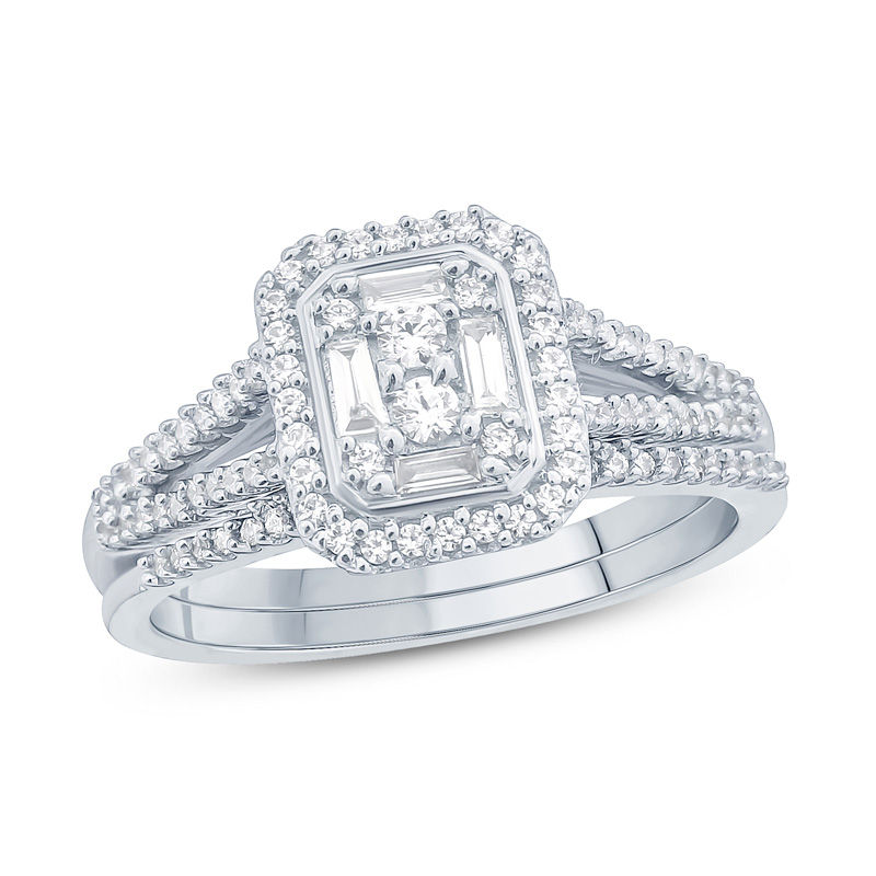 Main Image 1 of 3/8 CT. T.W. Composite Diamond Rectangle Frame Split Shank Bridal Set in 10K White Gold