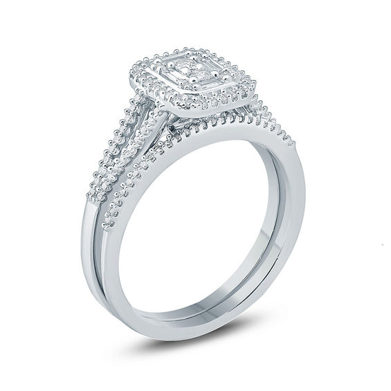 3/8 CT. T.w. Composite Diamond Rectangle Frame Split Shank Bridal Set in 10K White Gold