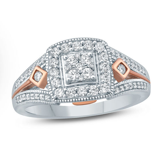 1/2 CT. T.W. Composite Diamond Cushion Frame Vintage-Style Engagement Ring in 10K Two-Tone Gold 1/2 CT. T.W. Composite Diamond Cushion Frame Vintage-Style Engagement Ring in 10K Two-Tone Gold