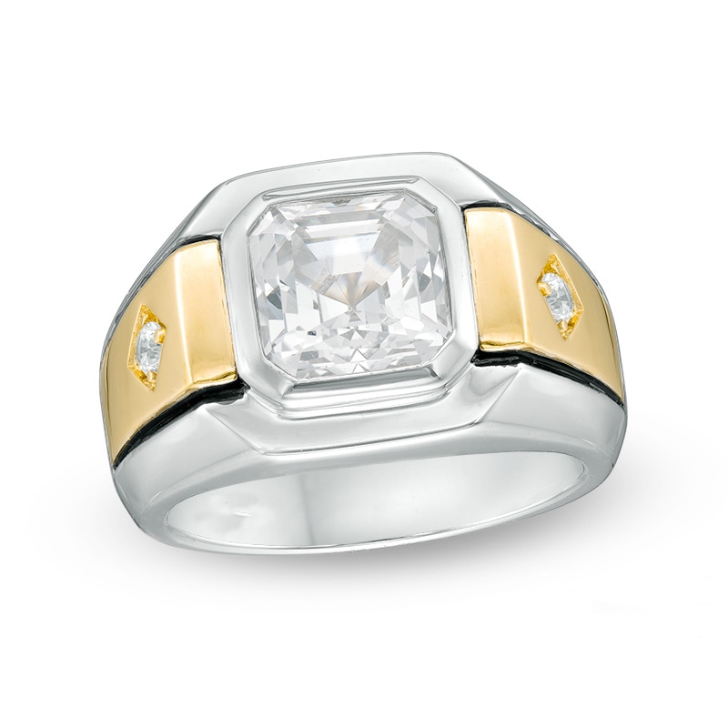 Men's 9.0mm Asscher-Cut Lab-Created White Sapphire Ring in Sterling Silver and 10K Gold