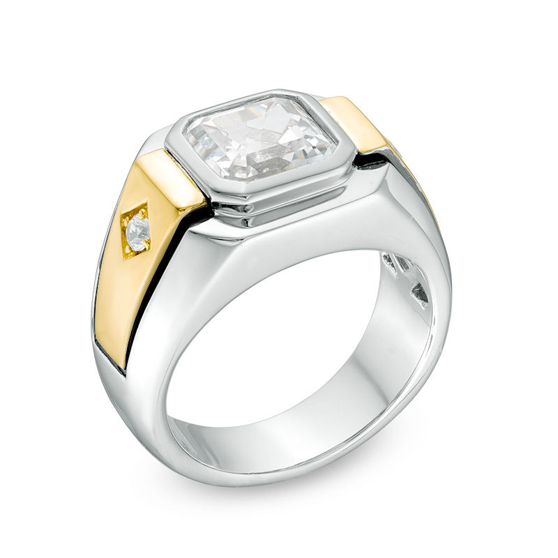 Men's 9.0mm Asscher-Cut Lab-Created White Sapphire Ring in Sterling Silver and 10K Gold