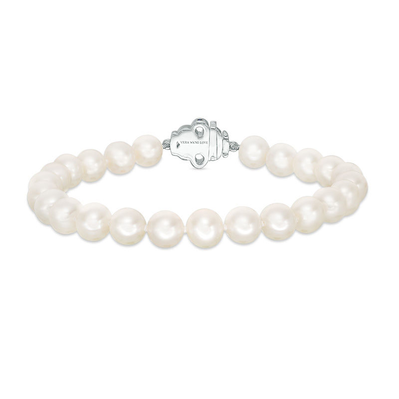 Vera Wang Love Collection 6.5-7.0mm Cultured Freshwater Pearl  1/15 CT. T.W. Diamond Strand Bracelet in Sterling Silver