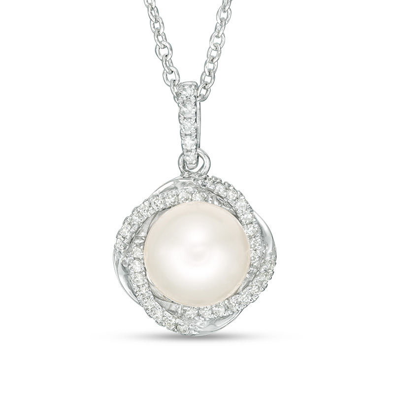 Vera Wang Love Collection 8.0 - 8.5mm Cultured Freshwater Pearl 1/8 CT.T.W. Diamond Pendant in Sterling Silver  -  19"