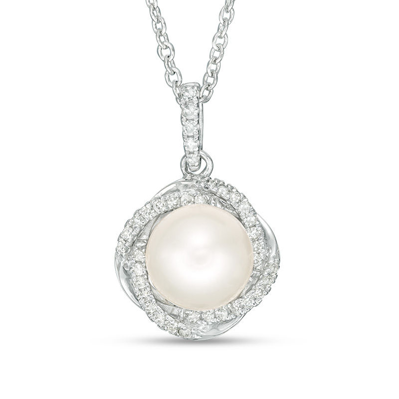 Main Image 1 of Vera Wang Love Collection 8.0-8.5mm Freshwater Cultured Pearl 1/8 CT.T.W. Diamond Pendant in Sterling Silver - 19"