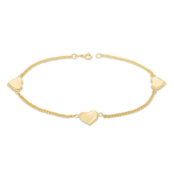 Triple Heart Station Bracelet in 10K Gold - 7.5"