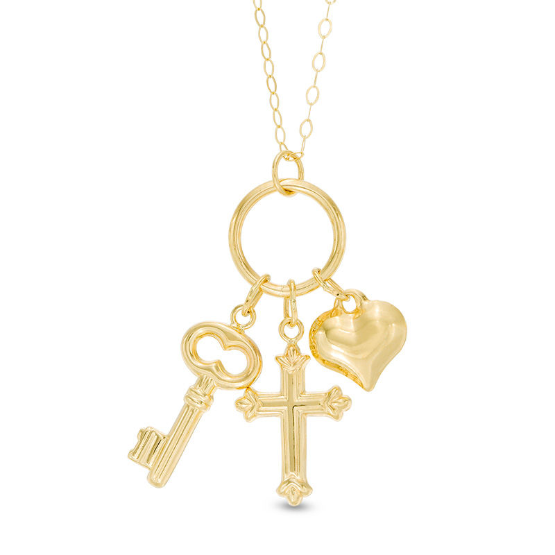 Main Image 1 of Heart, Cross and Key Charm Pendant in 10K Gold