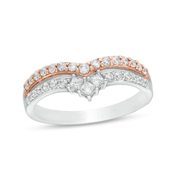 1/2 CT. T.w. Princess-Cut and Round Diamond Double Chevron Anniversary Band in 14K Two-Tone Gold