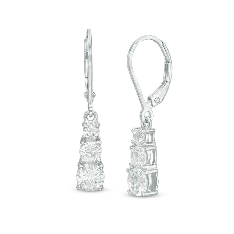 Main Image 1 of Lab-Created White Sapphire Three Stone Drop Earrings in Sterling Silver