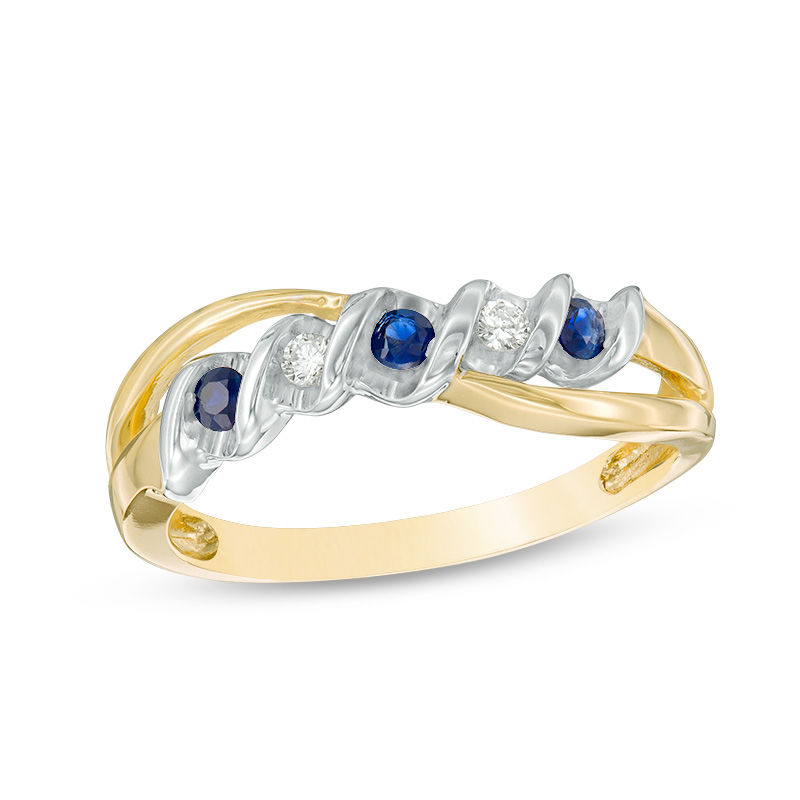 Main Image 1 of Blue Sapphire and Diamond Accent Split Shank Overlay Ring in 10K Two-Tone Gold