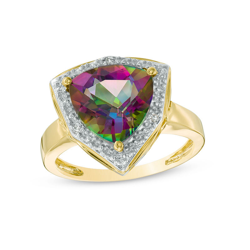 10.0mm Trillion-Cut Mystic Fire® Topaz and Diamond Accent Frame Ring in 10K Gold