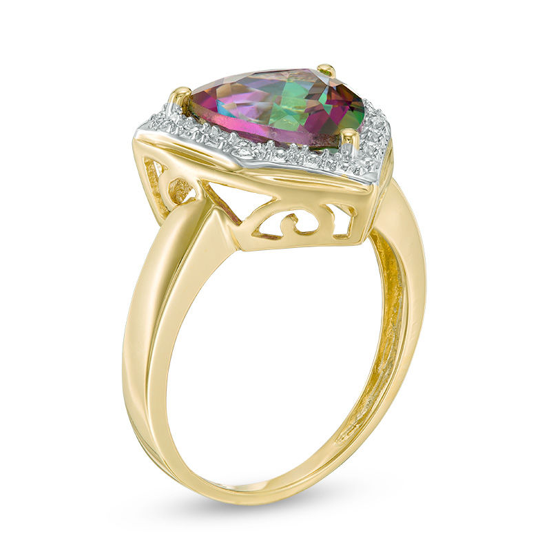 10.0mm Trillion-Cut Mystic Fire® Topaz and Diamond Accent Frame Ring in 10K Gold