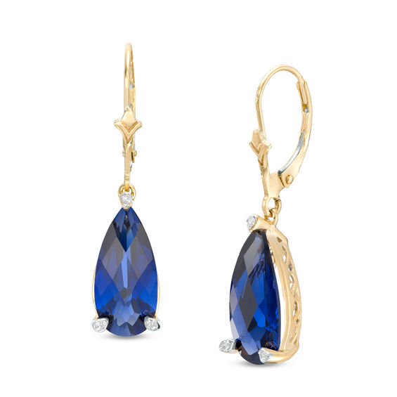 Pear-Shaped Lab-Created Blue Sapphire and Diamond Accent Drop Earrings in 10K Gold
