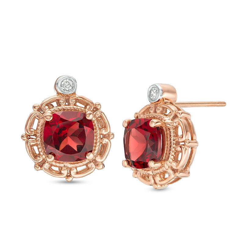 6.0mm Cushion-Cut Garnet and Diamond Accent Stud Earrings in 10K Rose Gold