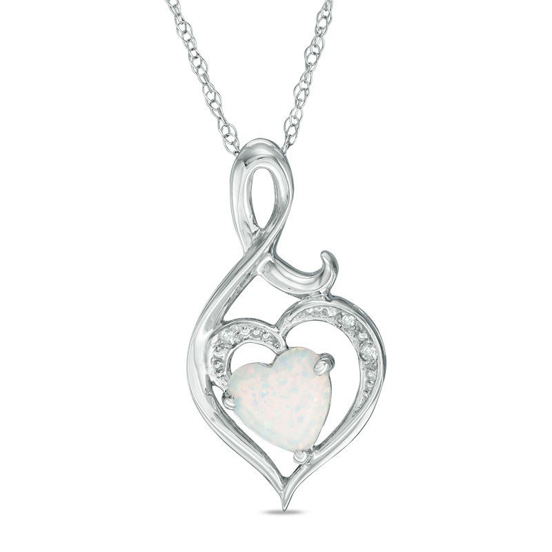 6.0mm Heart-Shaped Lab-Created Opal and Diamond Accent Swirl Heart Pendant in 10K White Gold