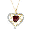 Thumbnail Image 0 of 7.0mm Heart-Shaped Garnet and 1/8 CT. T.W. Diamond Floral Heart Pendant in 10K Gold