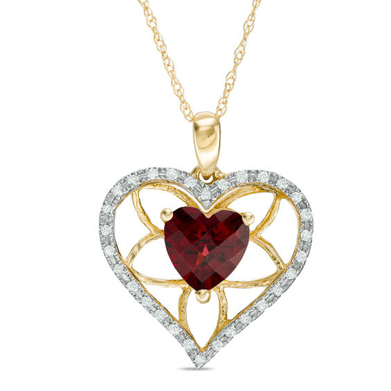 7.0mm Heart-Shaped Garnet and 1/8 CT. T.w. Diamond Floral Heart Pendant in 10K Gold