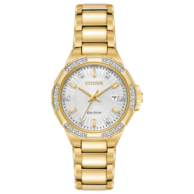 Ladies' Citizen Eco-Drive® Riva Diamond Accent Gold-Tone Watch with Silver-Tone Dial (Model: EW2462-51A)