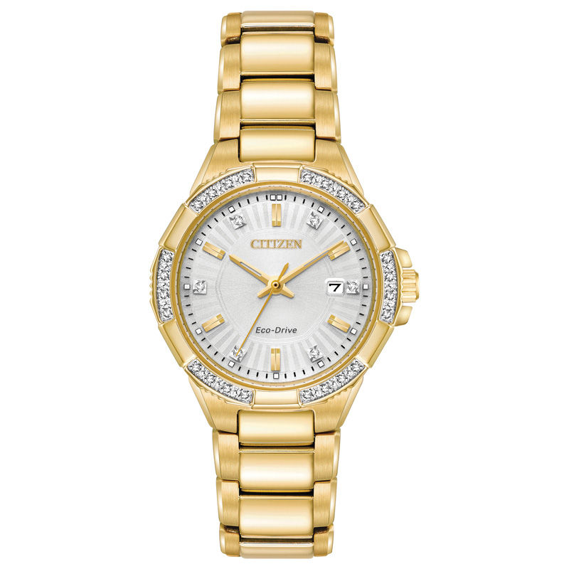 Main Image 1 of Ladies' Citizen Eco-Drive® Riva Diamond Accent Gold-Tone Watch with Silver-Tone Dial (Model: EW2462-51A)