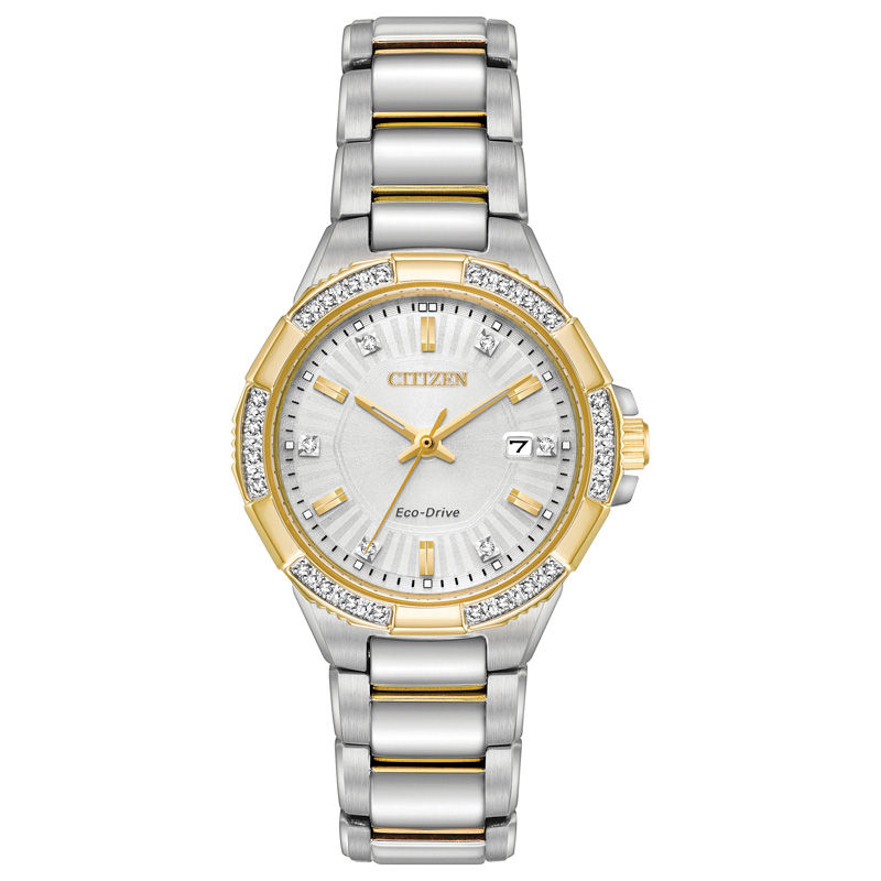 Ladies' Citizen Eco-Drive® Riva Diamond Accent Two-Tone Watch with Silver-Tone Dial (Model: EW2464-55A)