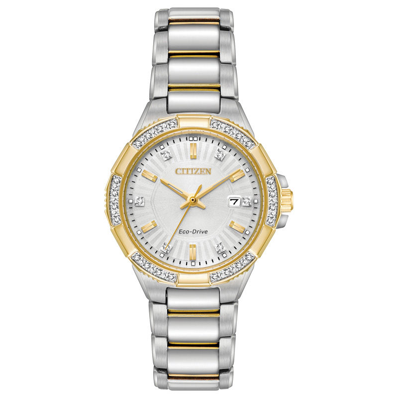 Main Image 1 of Ladies' Citizen Eco-Drive® Riva Diamond Accent Two-Tone Watch with Silver-Tone Dial (Model: EW2464-55A)
