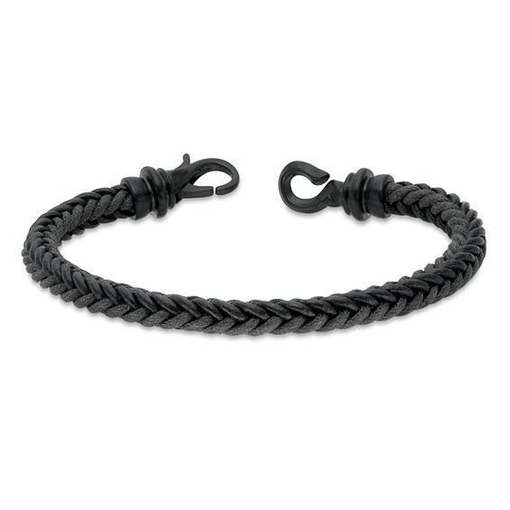 Black and Grey Braided Leather Bracelet in Stainless Steel with Black IP - 8.5"