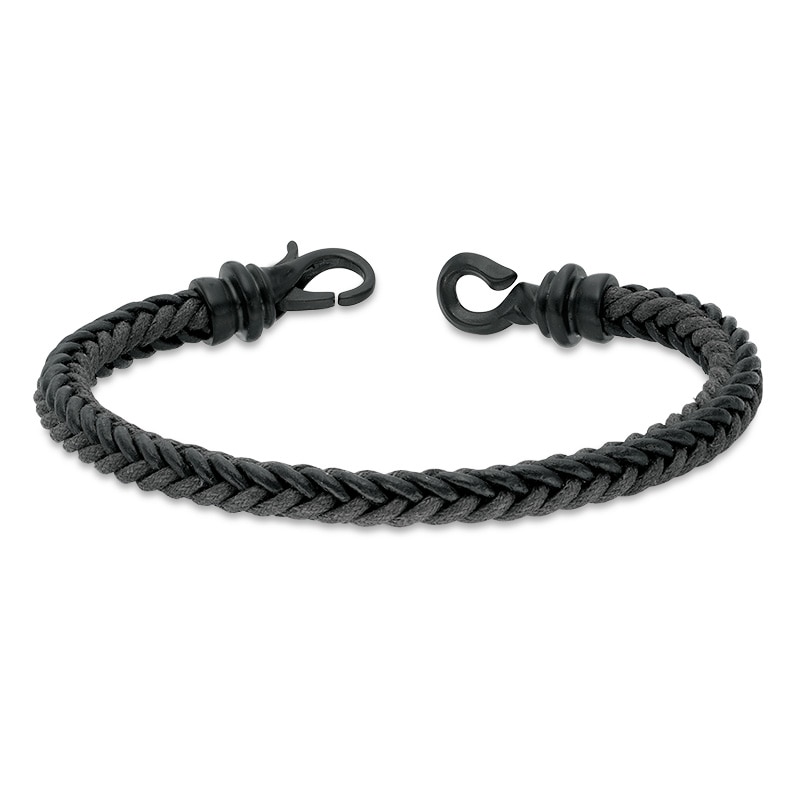 Main Image 3 of Black and Grey Braided Leather Bracelet in Stainless Steel with Black IP - 8.5"