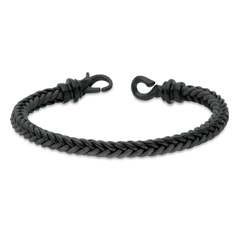 Men's Black and Grey Braided Leather Bracelet in Stainless Steel with Black IP - 8.5"