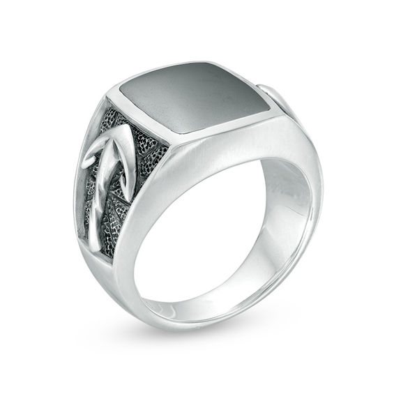 Cushion-Cut Hematite Oxidized Anchor Ring in Sterling Silver
