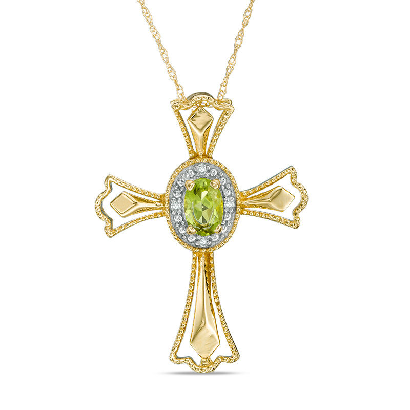 Oval Peridot and Diamond Accent Gothic-Style Cross Pendant in 10K Gold