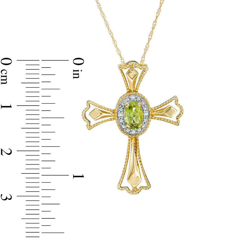 Oval Peridot and Diamond Accent Gothic-Style Cross Pendant in 10K Gold
