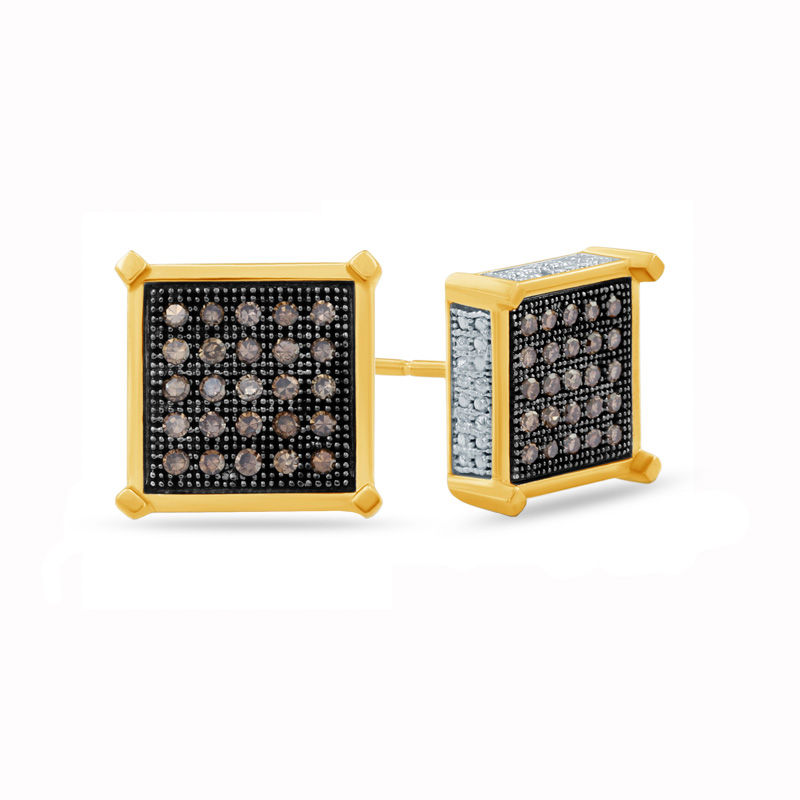Main Image 1 of 1/4 CT. T.W. Champagne and White Diamond Cushion Stud Earrings in 10K Gold with Black Rhodium