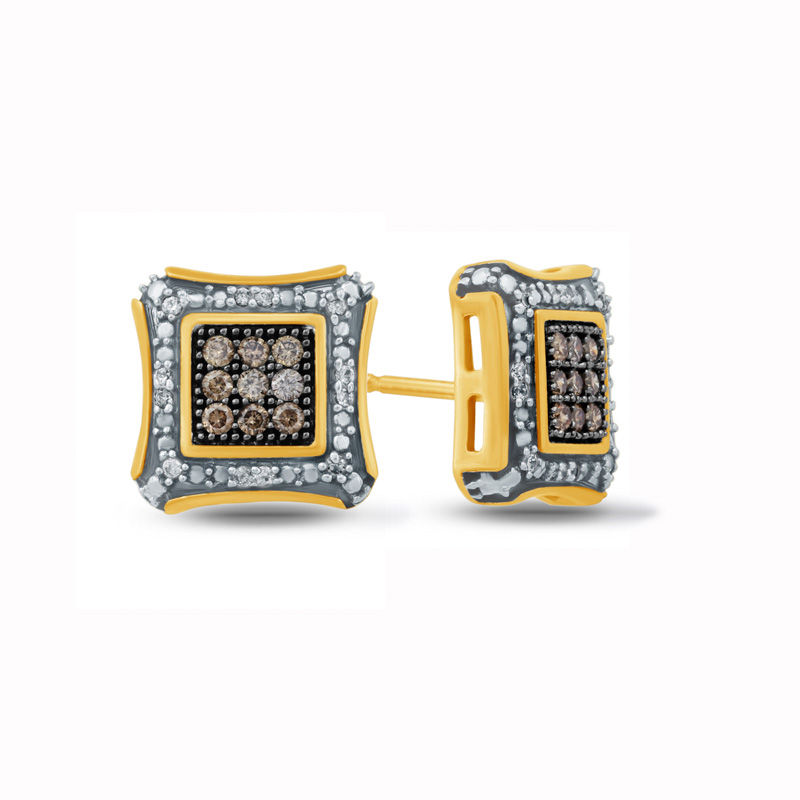 Men's 1/5 CT. T.W. Champagne and White Composite Diamond Cushion Frame Stud Earrings in 10K Gold with Black Rhodium