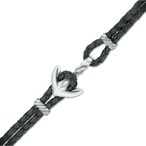 Black Leather Anchor Bracelet in Sterling Silver - 8.5"