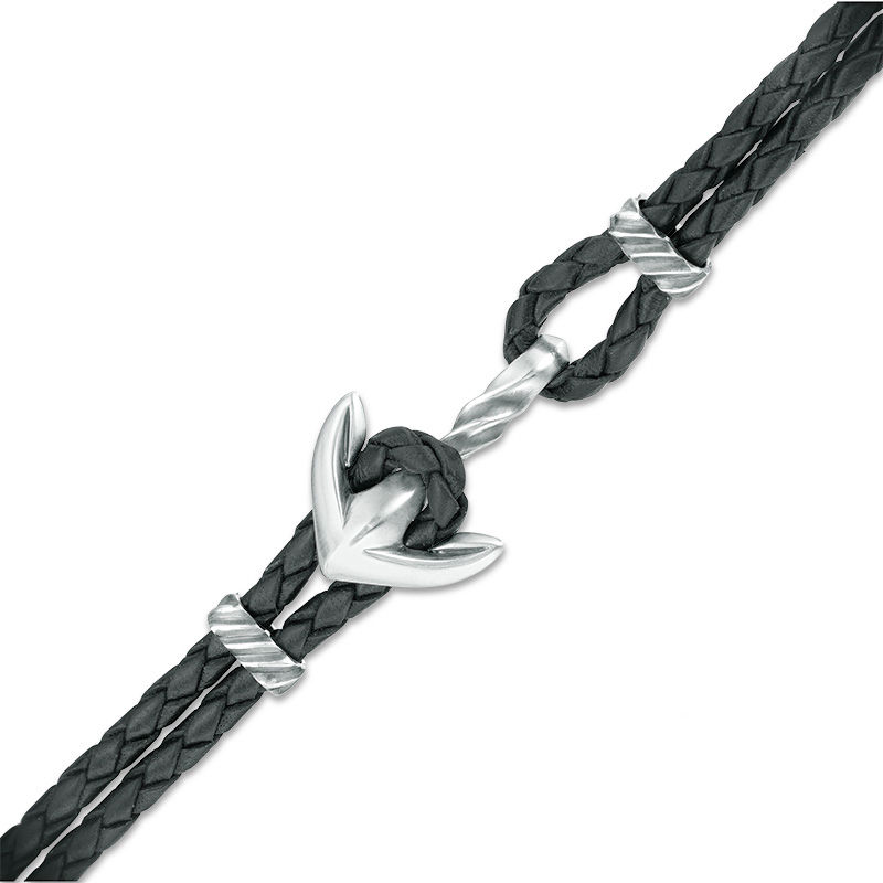 Men's Black Leather Anchor Bracelet in Sterling Silver - 8.5"