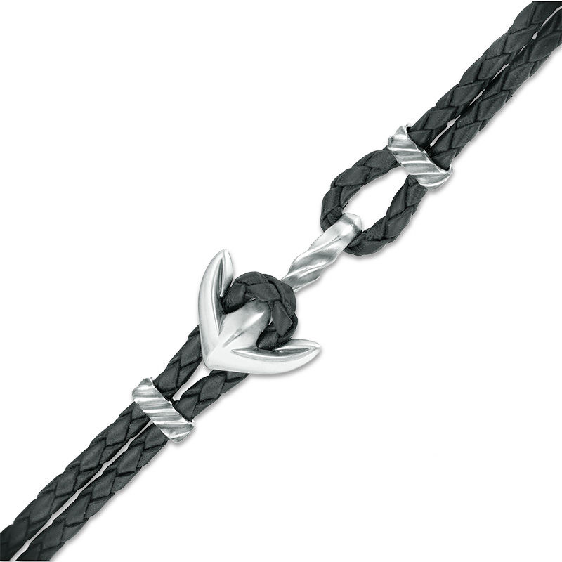 Main Image 1 of Men's Black Leather Anchor Bracelet in Sterling Silver - 8.5"