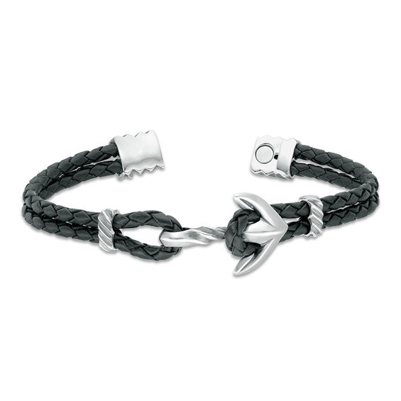 Black Leather Anchor Bracelet in Sterling Silver - 8.5"