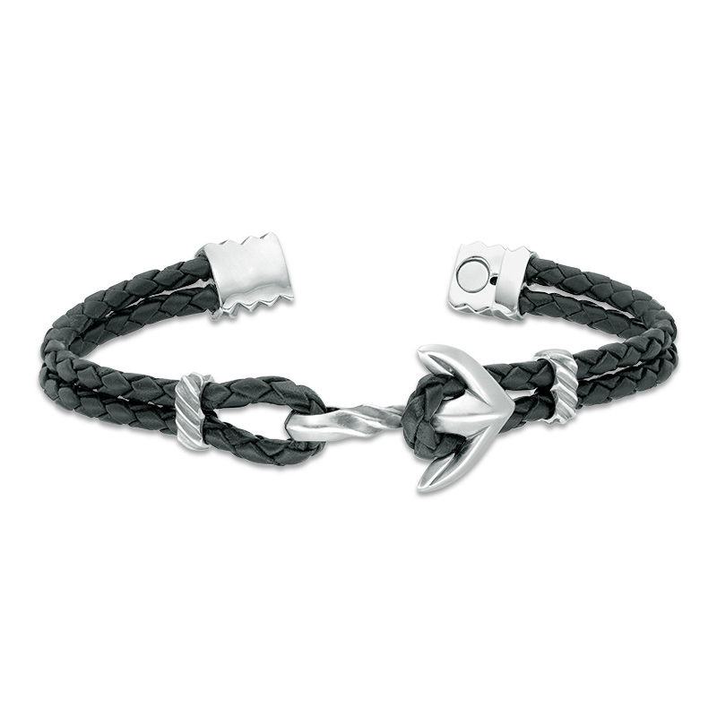 Men's Black Leather Anchor Bracelet in Sterling Silver - 8.5"