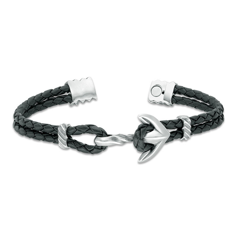 Main Image 3 of Men's Black Leather Anchor Bracelet in Sterling Silver - 8.5"