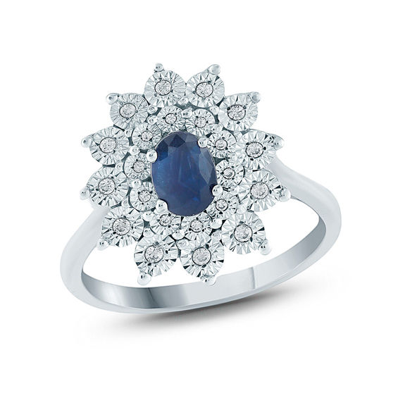 Oval Lab-Created Blue Sapphire and Diamond Accent Starburst Frame Ring in Sterling Silver