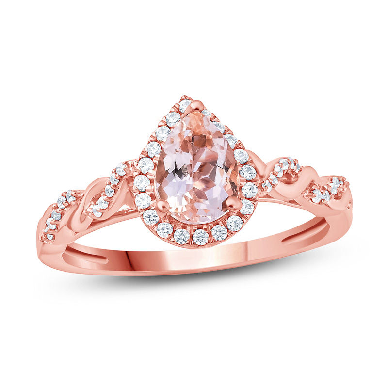 Main Image 1 of Pear-Shaped Morganite and 1/8 CT. T.W. Diamond Frame Twist Shank Ring in 10K Rose Gold