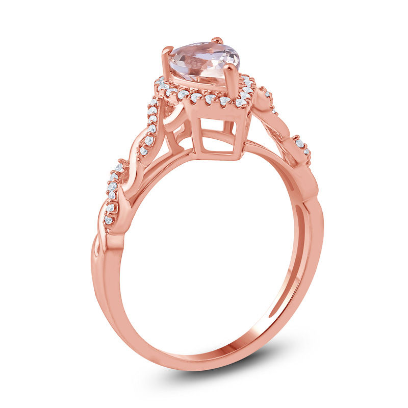 Main Image 2 of Pear-Shaped Morganite and 1/8 CT. T.W. Diamond Frame Twist Shank Ring in 10K Rose Gold