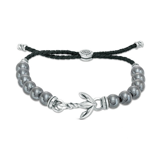 8.0mm Hematite Bead with Anchor Bolo Bracelet in Sterling Silver - 10"