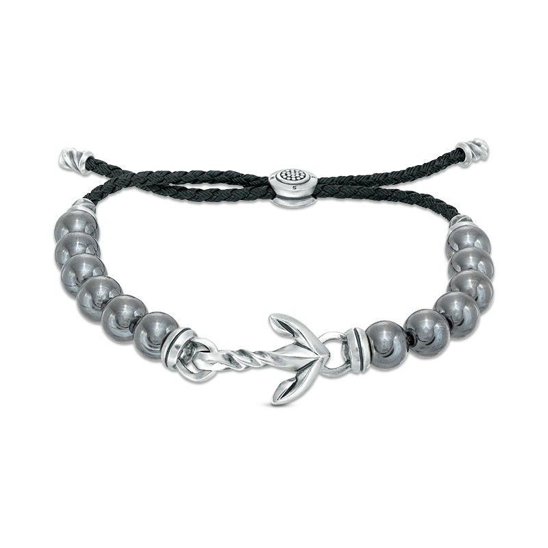 Main Image 1 of Men's 8.0mm Hematite Bead with Anchor Bolo Bracelet in Sterling Silver - 10"