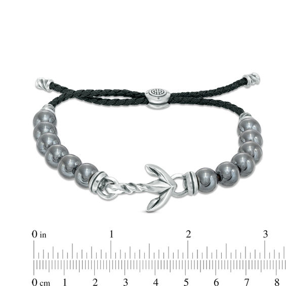 8.0mm Hematite Bead with Anchor Bolo Bracelet in Sterling Silver - 10"