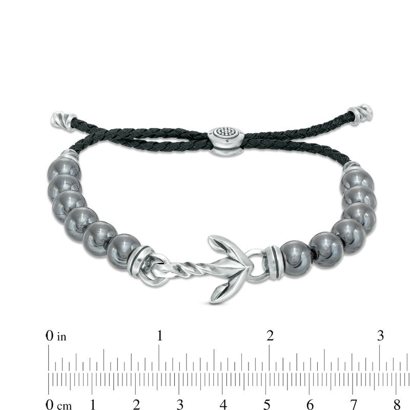 Men's 8.0mm Hematite Bead with Anchor Bolo Bracelet in Sterling Silver - 10"