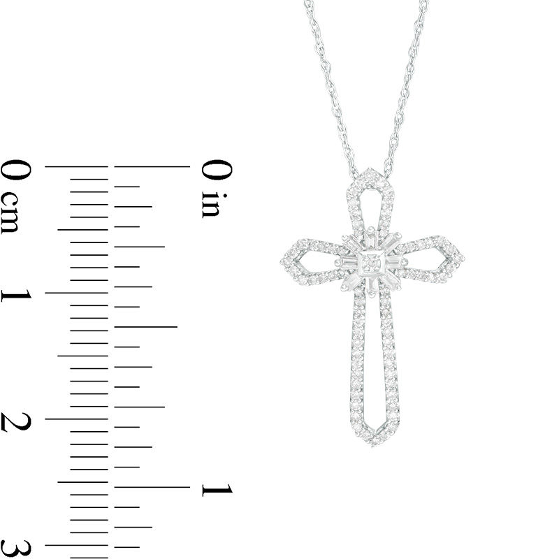 1/5 CT. T.W. Baguette and Round Diamond Star Cross Pendant in 10K White ...